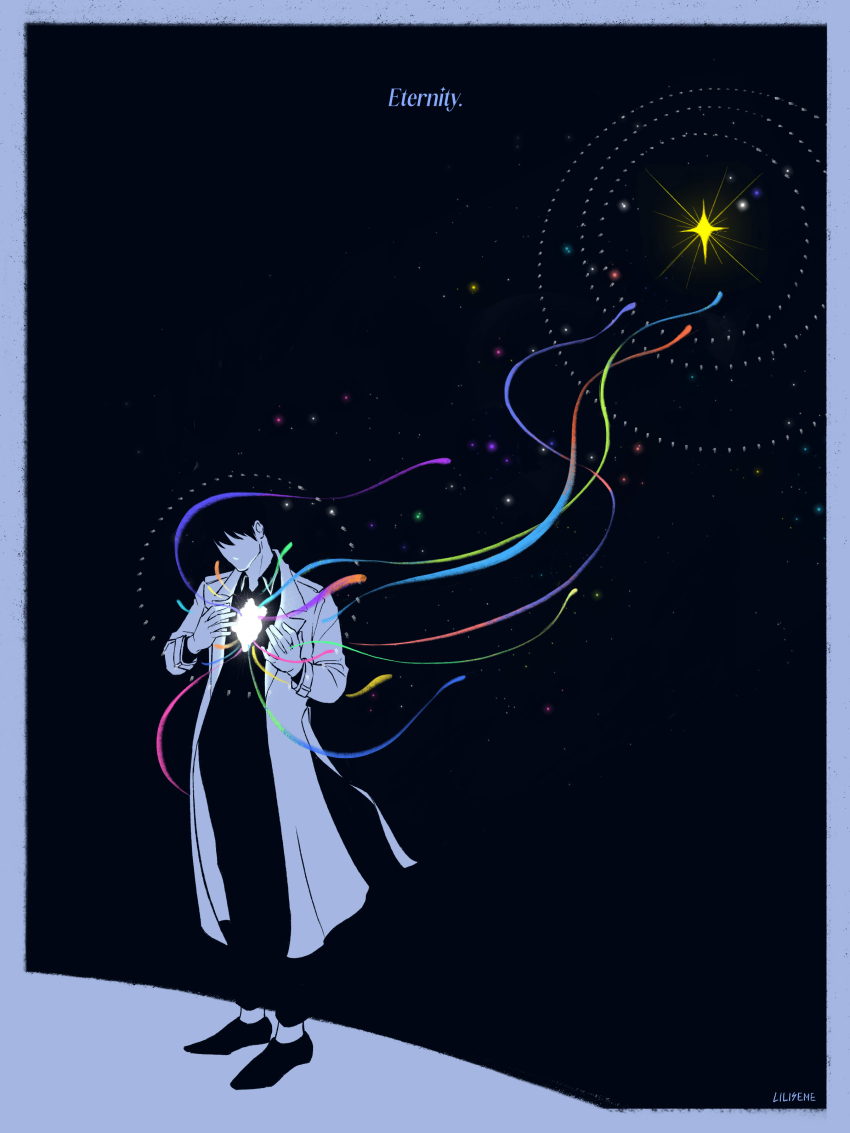 1boy, absurdres, black_shirt, border, coat, collared_shirt, contrapposto, english_text, faceless, full_body, glowing_heart, hands_up, highres, kim_dokja, liliseme, male_focus, omniscient_reader's_viewpoint, open_clothes, open_coat, orbital_path, shirt, sky, solo, standing, star_(sky), star_(symbol), starry_sky, streamers, white_border, white_coat