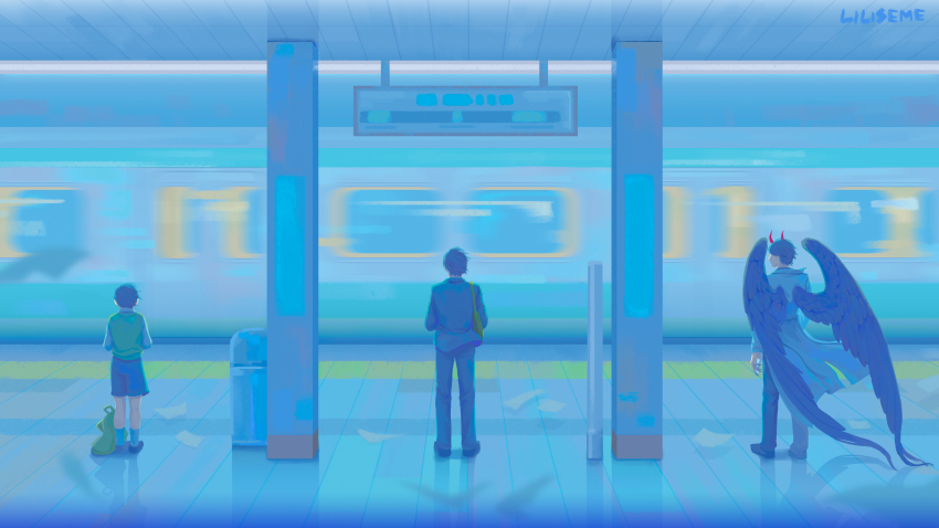 3boys, absurdres, backpack, bag, black_hair, black_shorts, black_wings, blue_theme