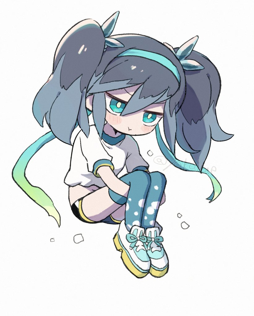 1girl, blue_eyes, blue_hair, blue_thighhighs, buruma, fubukihime, full_body, koko_ue