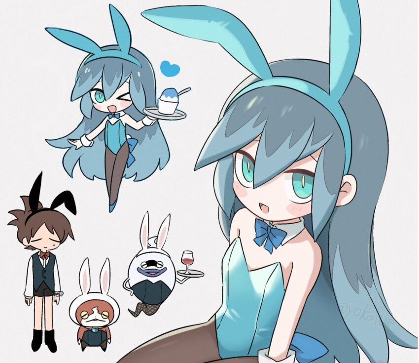 1boy, 1girl, alternate_costume, amano_keita, blue_eyes, blue_hair, blue_leotard, brown_hair