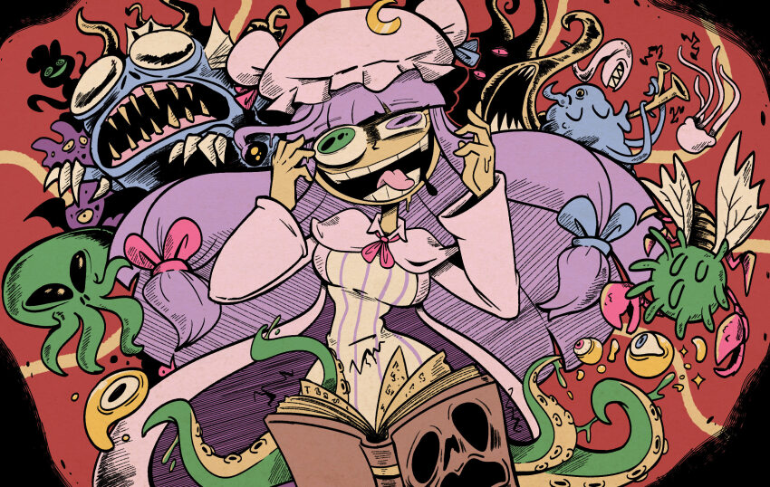 book, breasts, commentary, crescent, crescent_hat_ornament, cthulhu, cthulhu_mythos, deep_one