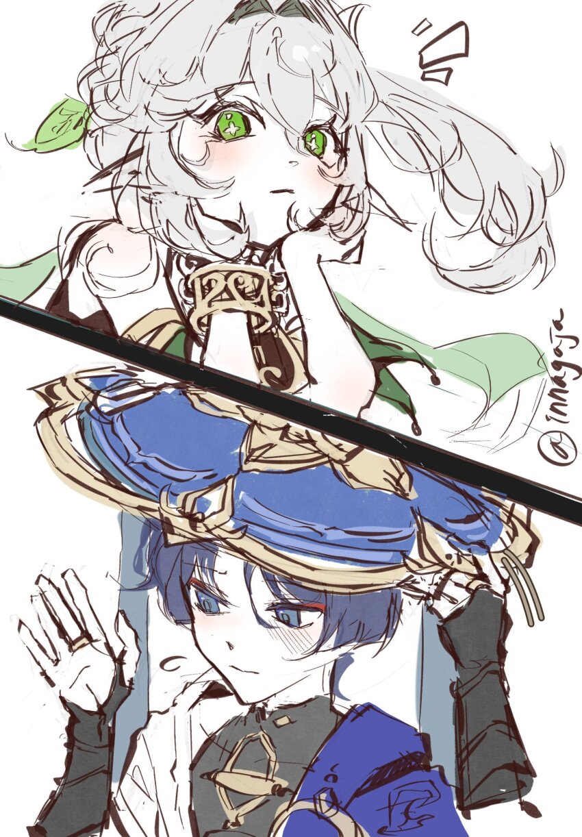 1boy, 1girl, armlet, armor, averting_eyes, black_bodysuit, black_bridal_gauntlets, black_hair