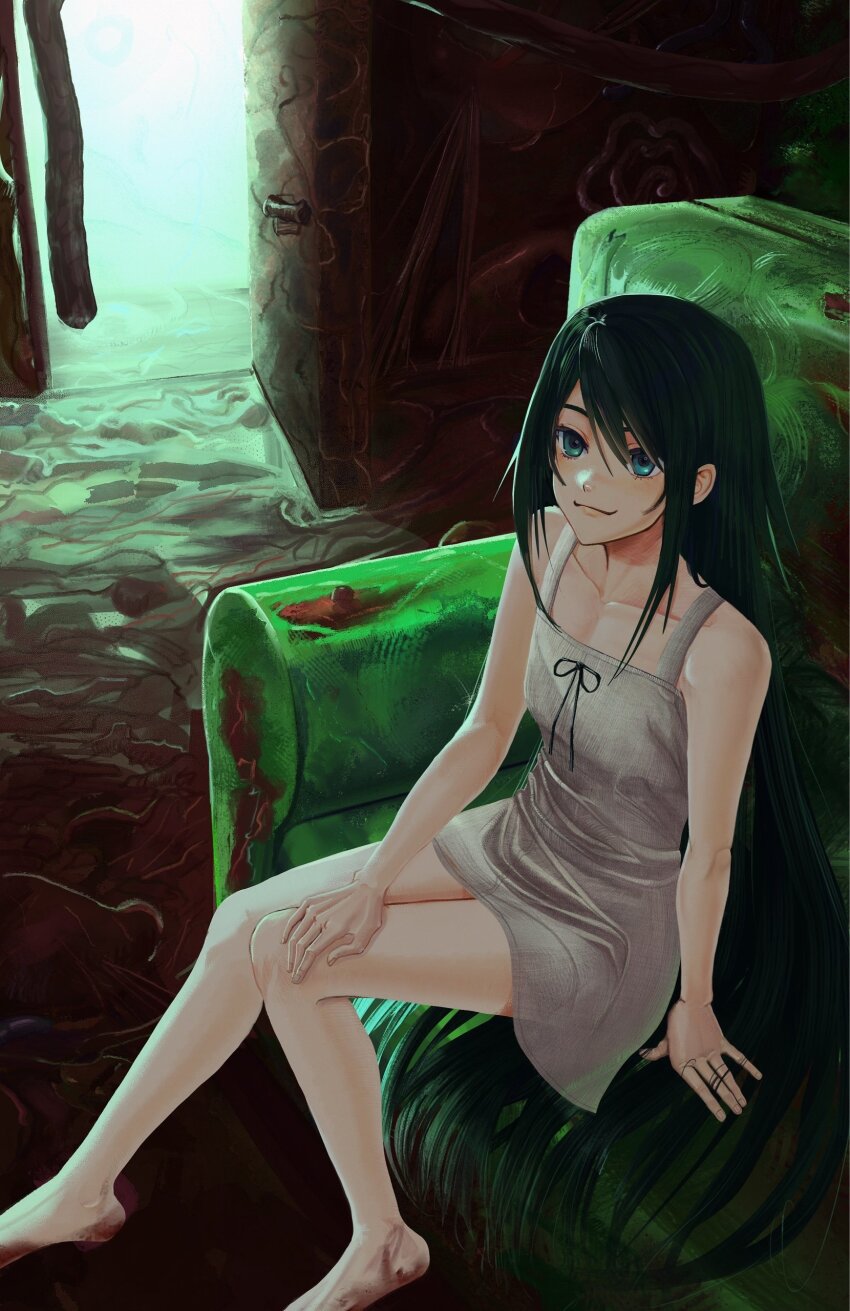 1girl, absurdres, bare_shoulders, barefoot, blood, dress, flat_chest, flesh