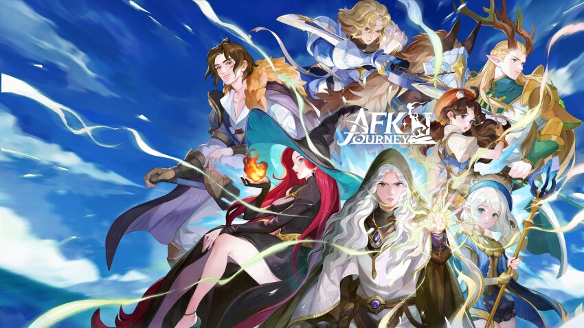 3boys, 4girls, :o, absurdly_long_hair, absurdres, afk_(series), afk_journey, ahoge