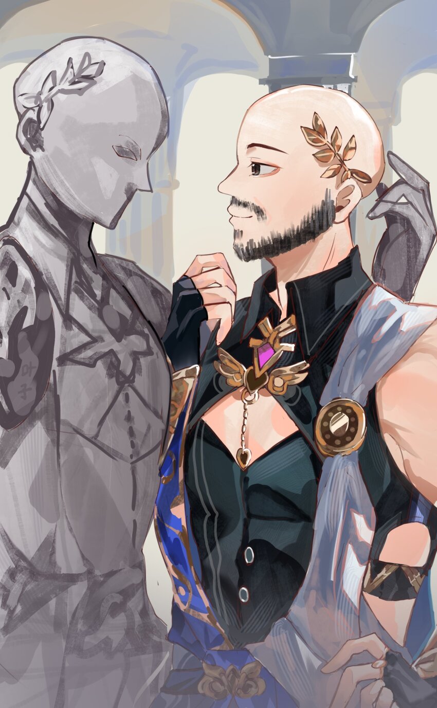 1boy, absurdres, bald, bare_shoulders, black_eyes, black_gloves, black_shirt, buttons