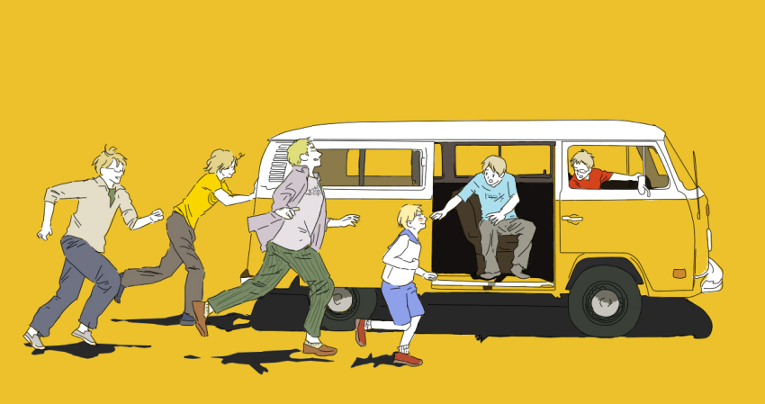 5et4, 6+boys, america_(hetalia), axis_powers_hetalia, bad_id, bad_pixiv_id, canada_(hetalia), finland_(hetalia), little_miss_sunshine, male_focus, motor_vehicle, multiple_boys, parody, sealand_(hetalia), simple_background, sweden_(hetalia), united_kingdom_(hetalia), van, vehicle, volkswagen, volkswagen_type_2, yellow_background