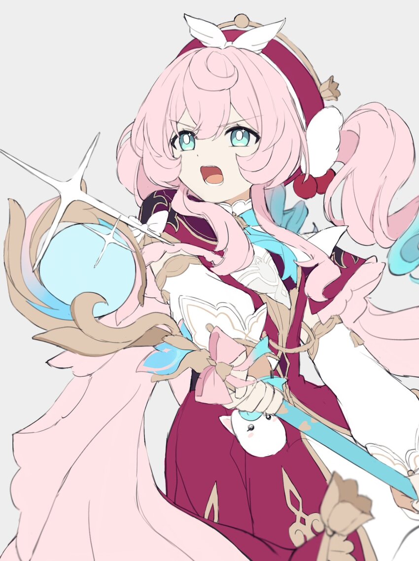 1girl, blue_eyes, blue_hair, dress, gradient_hair, highres, holding, holding_staff