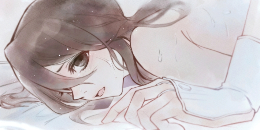 1boy, 1girl, antatica11, black_eyes, black_hair, bleach, chinese_commentary, commentary_request, from_side, highres, implied_sex, kuchiki_byakuya, kuchiki_hisana, medium_hair, nude, open_mouth, sweat