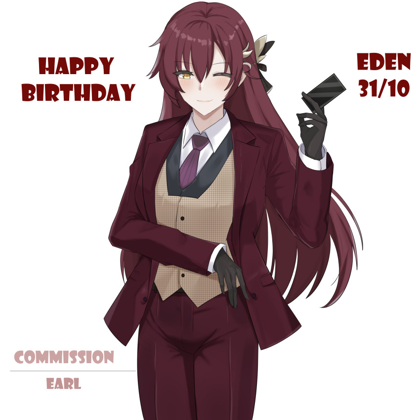 1girl, ;), absurdres, alternate_costume, black_gloves, coat, commentary, commission