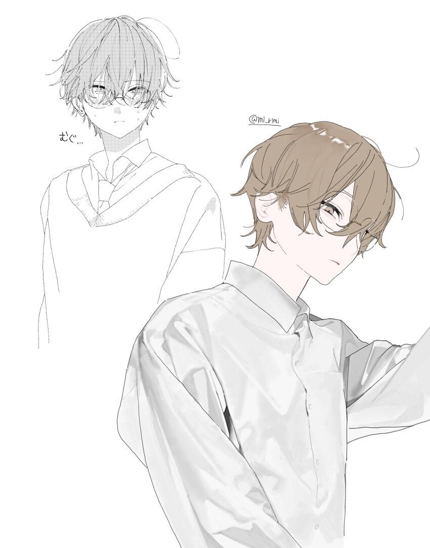 1boy, absurdres, brown_eyes, brown_hair, closed_mouth, collared_shirt, glasses, hair_between_eyes