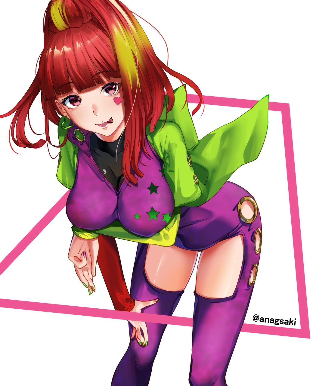 1girl, aona_(anagasaki), bent_over, blunt_bangs, breasts, earrings, gnosia, heart