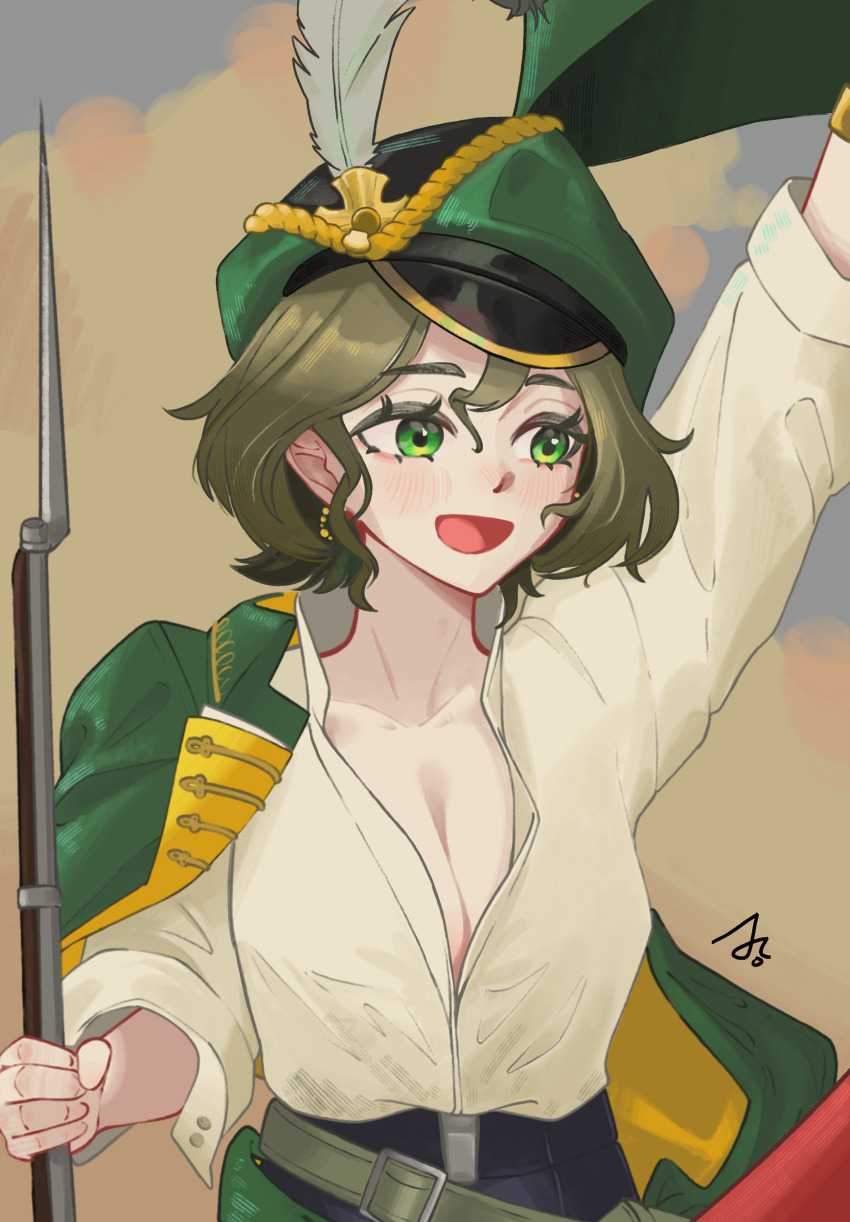 1girl, :d, absurdres, arm_up, bayonet, black_shorts, breasts, cape, collarbone, commentary_request, cowboy_shot, earrings, green_cape, green_eyes, green_hair, green_hat, gun, hair_between_eyes, hat, hat_feather, highres, holding, holding_gun, holding_weapon, jewelry, korean_commentary, large_breasts, looking_to_the_side, newsboy_cap, no_mole, open_mouth, partially_unbuttoned, pyopyopyo08, recoleta_(reverse:1999), reverse:1999, shirt, short_hair, shorts, sidelocks, signature, smile, solo, standing, weapon, white_shirt