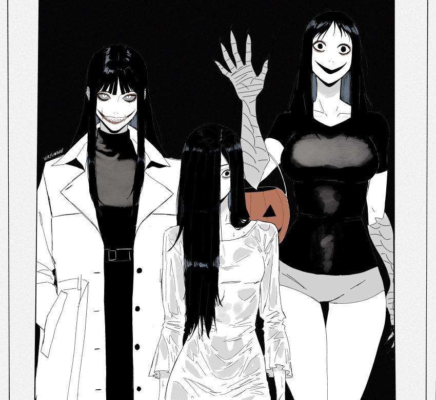 3girls, absurdres, coat, creepypasta, evil_smile, greyscale, hair_over_face, hair_over_one_eye