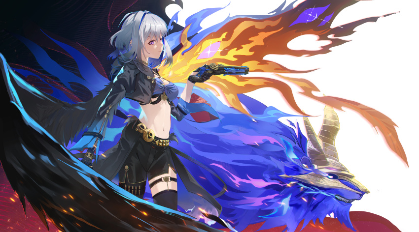 1girl, absurdres, bandeau, black_cape, black_gloves, black_jacket, black_pantyhose, black_shorts, black_thighhighs, blue_bandeau, blue_hair, blue_hands, breasts, cape, casper_(fidio-koko), chimera_(wuthering_waves), chinese_commentary, cleavage, closed_mouth, commentary_request, cowboy_shot, criss-cross_straps, cropped_jacket, galbrena_(wuthering_waves), gloves, gold_choker, grey_hair, groin, gun, hair_between_eyes, highres, holding, holding_gun, holding_weapon, jacket, looking_at_viewer, medium_breasts, medium_hair, midriff, multicolored_hair, navel, open_clothes, open_jacket, pantyhose, partial_commentary, purple_eyes, shorts, sidelocks, single_leg_pantyhose, single_thighhigh, single_wing, solo_focus, standing, tacet_discord_(wuthering_waves), thighhighs, waist_cape, weapon, white_background, wings, wuthering_waves