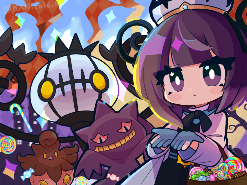 1girl, banette, basket, black_dress, blue_gloves, blunt_bangs, bob_cut, candy, candy_cane, chandelure, closed_mouth, coat, dress, food, gen_3_pokemon, gen_5_pokemon, gen_6_pokemon, gloves, gwynn_(pokemon), halloween, hat, highres, holding, holding_basket, lollipop, long_sleeves, looking_at_viewer, nikoru, nintendo, open_clothes, open_coat, open_hands, partially_fingerless_gloves, pokemon, pokemon_(creature), pokemon_legends:_z-a, pumpkaboo, purple_eyes, purple_hair, short_hair, star_(symbol), star_in_eye, swirl_lollipop, symbol_in_eye, twitter_username, white_coat