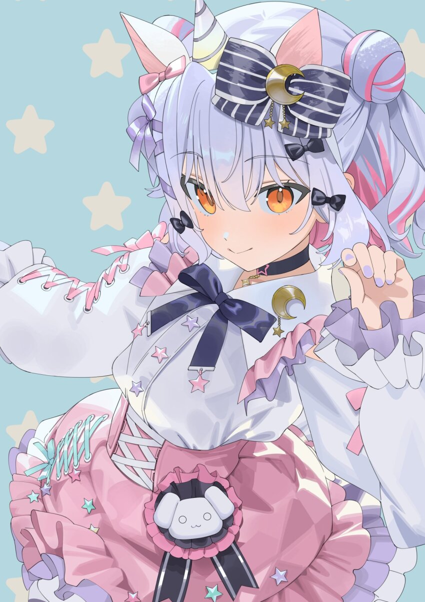 1boy, animal_ears, black_ribbon, blue_background, blue_hair, blue_nails, bow, brown_eyes