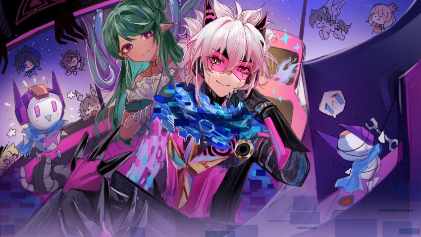 1boy, 1girl, absurdres, android, armlet, black_gloves, black_pants, black_shirt, blue_pupils, blue_scarf, choker, crossed_legs, cy_yu, dress, gloves, gradient_hair, green_hair, hair_ornament, hand_on_another's_shoulder, hand_on_own_cheek, hand_on_own_face, highres, husband_and_wife, indie_virtual_youtuber, jewelry, kanako_(fuwachu), long_hair, looking_at_viewer, multicolored_hair, pants, pink-tinted_eyewear, pink_hair, pointy_ears, purple_eyes, red_eyes, robot, scarf, shirt, short_hair, smile, sunglasses, sylla_aria, tinted_eyewear, virtual_youtuber, white_dress, white_hair