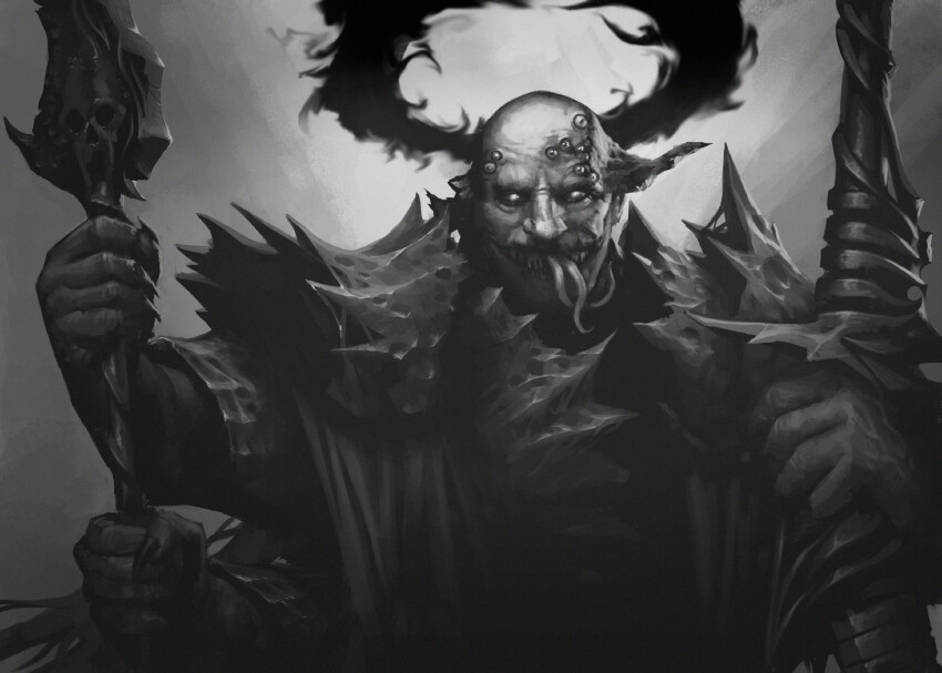 1boy, black_halo, chaos_(warhammer), demon, extra_arms, greyscale, halo, highres