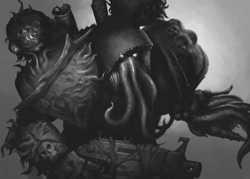 1other, adeptus_astartes, armor, bolter, chaos_(warhammer), chaos_space_marine, demon, greyscale