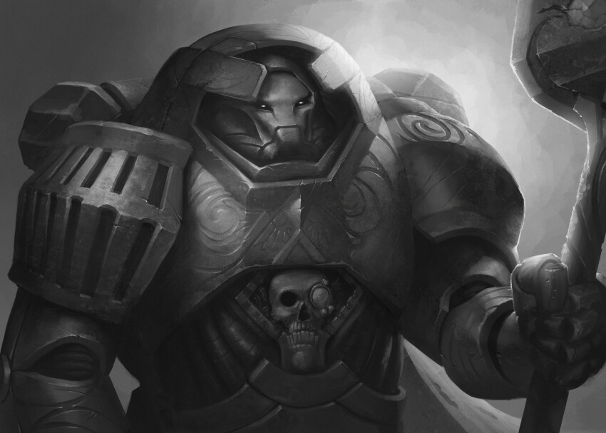 1boy, adeptus_astartes, armor, full_body, greyscale, hammer, highres, holding
