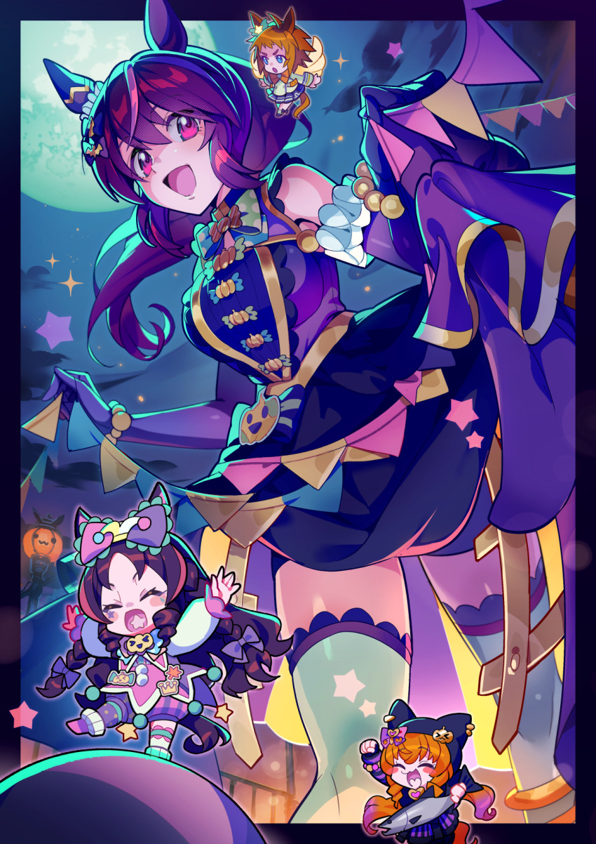 4girls, ^_^, animal_ears, biko_pegasus_(umamusume), blush_stickers, brown_hair, chibi, chibi_inset, closed_eyes, commentary_request, dress, ear_covers, ears_under_headwear, gloves, halloween_costume, highres, hishi_akebono_(magic_night_garland)_(umamusume), hishi_akebono_(umamusume), horse_ears, horse_girl, horse_tail, kafuki_fuka, long_hair, looking_at_viewer, marvelous_sunday_(trick_ribbonetta)_(umamusume), marvelous_sunday_(umamusume), mayano_top_gun_(rockin'_mewmeow)_(umamusume), mayano_top_gun_(umamusume), multicolored_hair, multiple_girls, open_mouth, orange_hair, pink_eyes, purple_dress, purple_gloves, red_eyes, single_ear_cover, smile, solo_focus, standing, streaked_hair, tail, umamusume