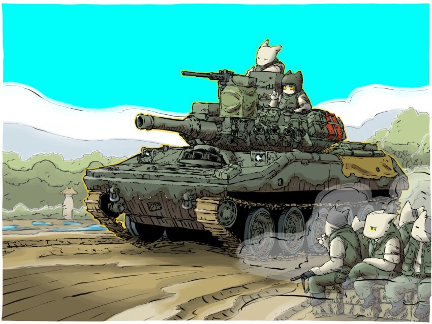 6+boys, ammunition_box, blue_sky, browning_m2, cannon, cat_boy, caterpillar_tracks, conical_hat