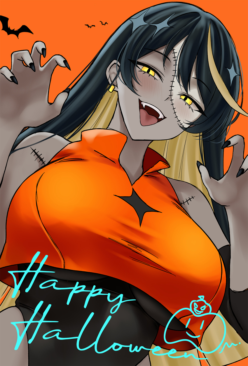 1girl, ado_(utaite), black_hair, black_nails, blonde_hair, breasts, claw_pose, colored_inner_hair