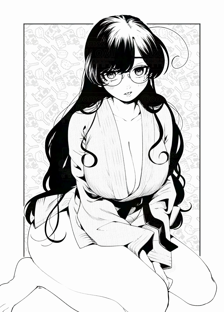 barefoot, black_hair, black_ribbon, blush, breasts, closed_mouth, coat, filter-goshi_no_kanojo