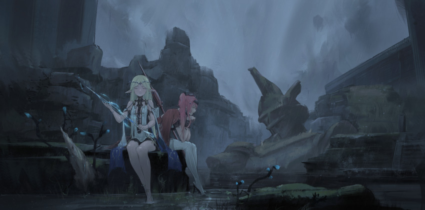 2girls, absurdres, armlet, bare_shoulders, blonde_hair, boots, cartethyia_(wuthering_waves), commentary_request