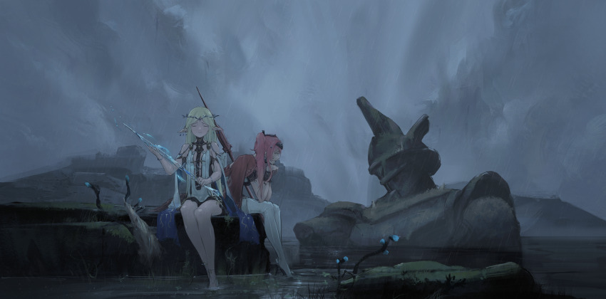 2girls, absurdres, armlet, bare_shoulders, blonde_hair, boots, cartethyia_(wuthering_waves), commentary_request, eggmam_2000, grey_sky, high_heel_boots, high_heel_sandals, high_heels, highres, holding, holding_sword, holding_weapon, jewelry, long_hair, lupa_(wuthering_waves), multiple_girls, outdoors, pink_hair, sandals, sitting, sky, sword, thigh_boots, weapon, white_boots, wide_shot, wuthering_waves