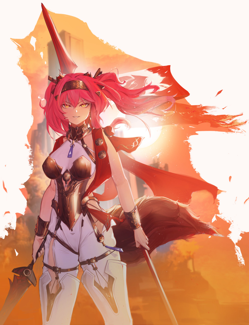 1girl, absurdres, armor, asymmetrical_dual_wielding, bodysuit, breastplate, breasts, collar