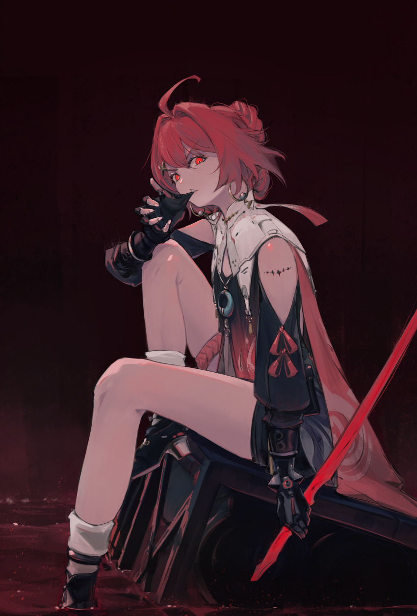 1girl, absurdres, ahoge, asymmetrical_gloves, biting, biting_glove, black_bodysuit, black_boots, black_gloves, bodysuit, boots, collar, commentary_request, danjin_(wuthering_waves), eggmam_2000, fingerless_gloves, folded_braid, from_side, gloves, hair_between_eyes, hair_intakes, highres, holding, holding_sword, holding_weapon, long_sleeves, looking_at_viewer, looking_to_the_side, mismatched_gloves, red_eyes, red_hair, short_hair, single_fingerless_glove, sitting, solo, sword, tacet_mark_(wuthering_waves), thighs, weapon, white_collar, wuthering_waves