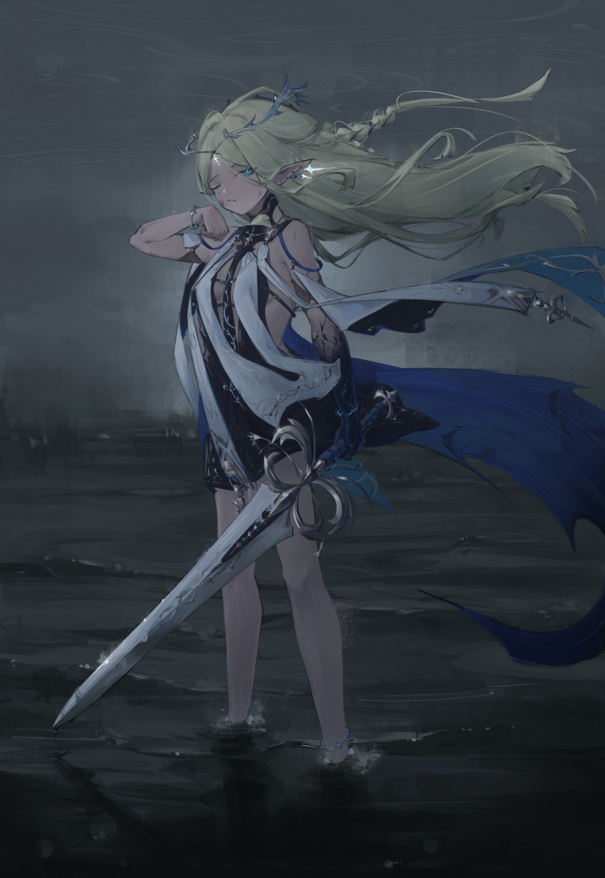 1girl, absurdres, bare_shoulders, black_dress, blonde_hair, blue_eyes, breasts, cartethyia_(wuthering_waves)