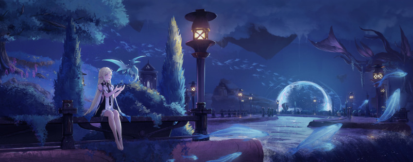 1girl, absurdres, black_dress, blonde_hair, cartethyia_(wuthering_waves), chinese_commentary, cloud, commentary_request, dress, eggmam_2000, hands_up, highres, long_hair, night, pointy_ears, sitting, sky, solo, tacet_discord_(wuthering_waves), wide_shot, wuthering_waves