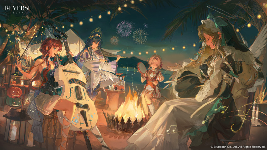 4girls, absurdres, aerial_fireworks, angel_wings, barcarola_(asteroid_allegro)_(reverse:1999), barcarola_(reverse:1999), bow_(music), crackling_box_(reverse:1999)