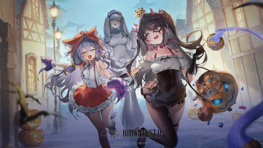 3girls, absurdres, animal_hands, black_dress, black_hair, blue_eyes, breasts, brown_dust_(series)