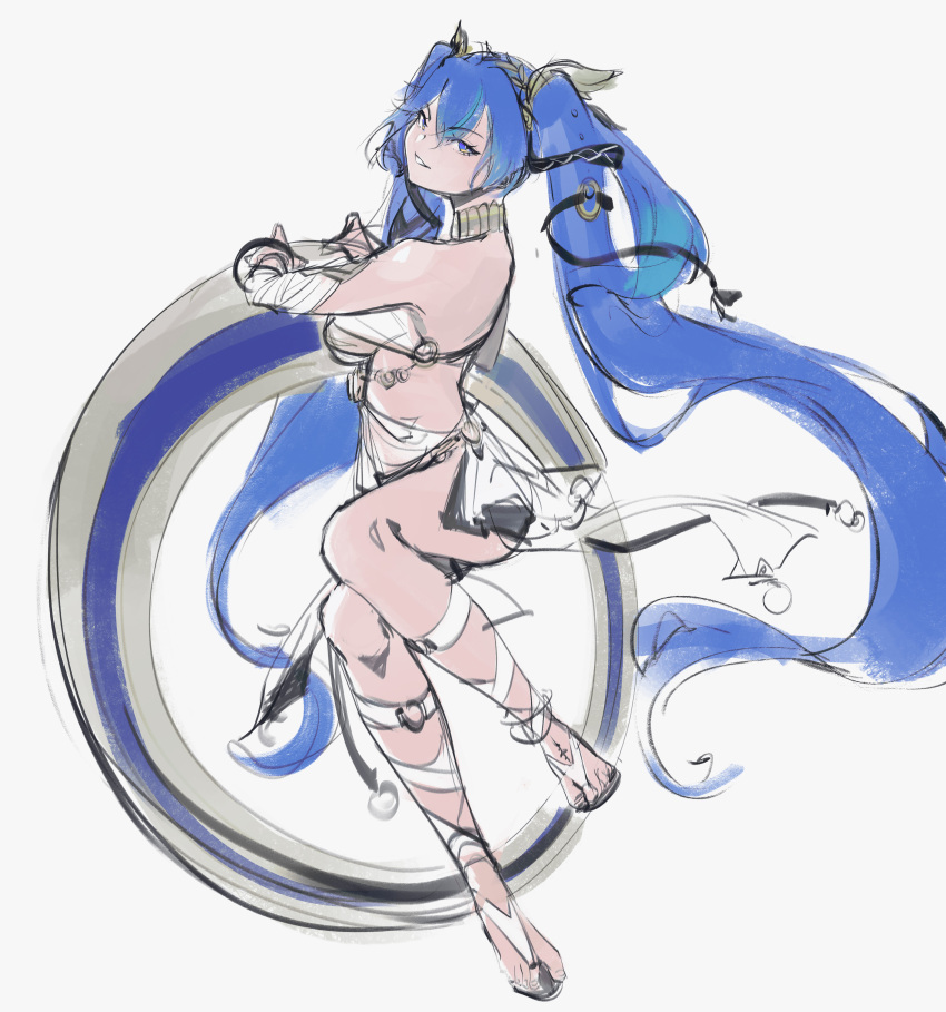 1girl, absurdres, ancient_greek_clothes, bare_shoulders, black_skirt, blue_eyes, blue_hair, breasts