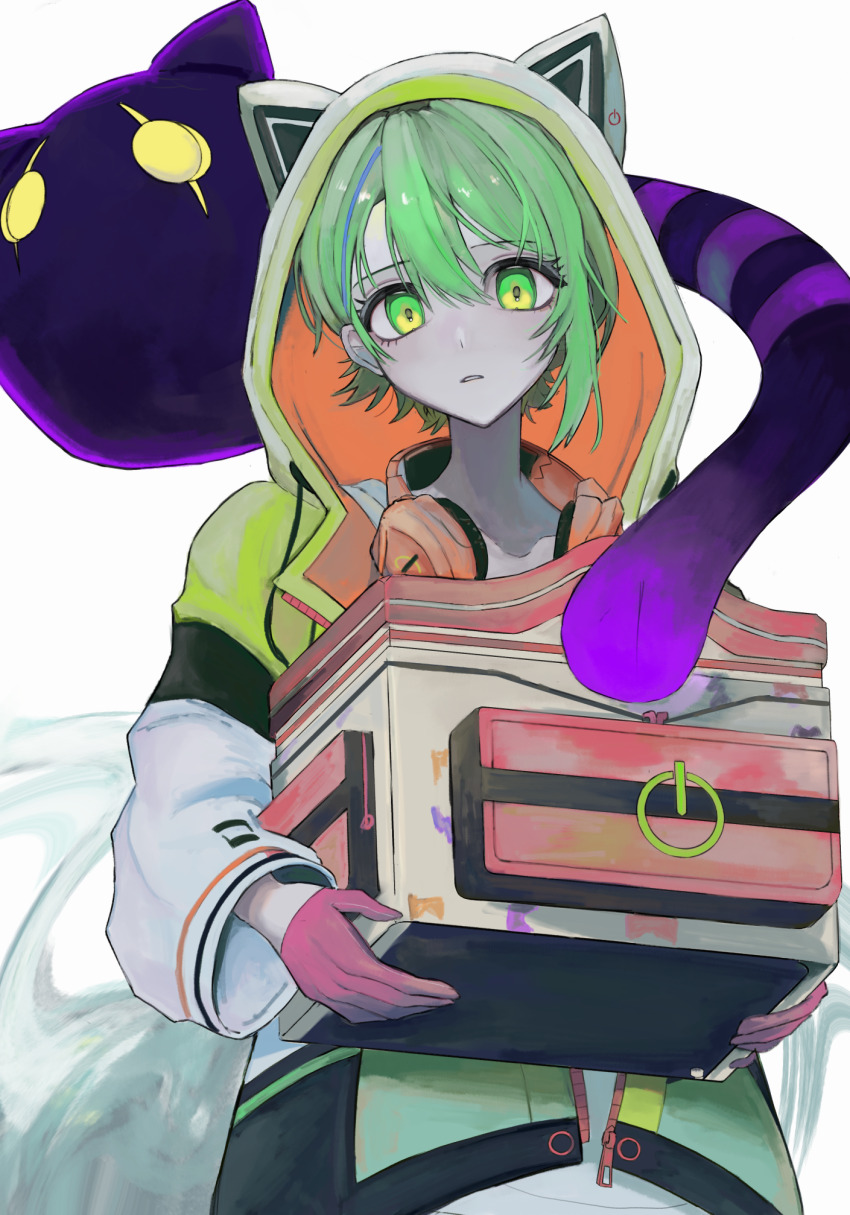 1boy, animal_ear_hood, animal_ears, cat_ears, commentary_request, fake_animal_ears, gloves, green_eyes