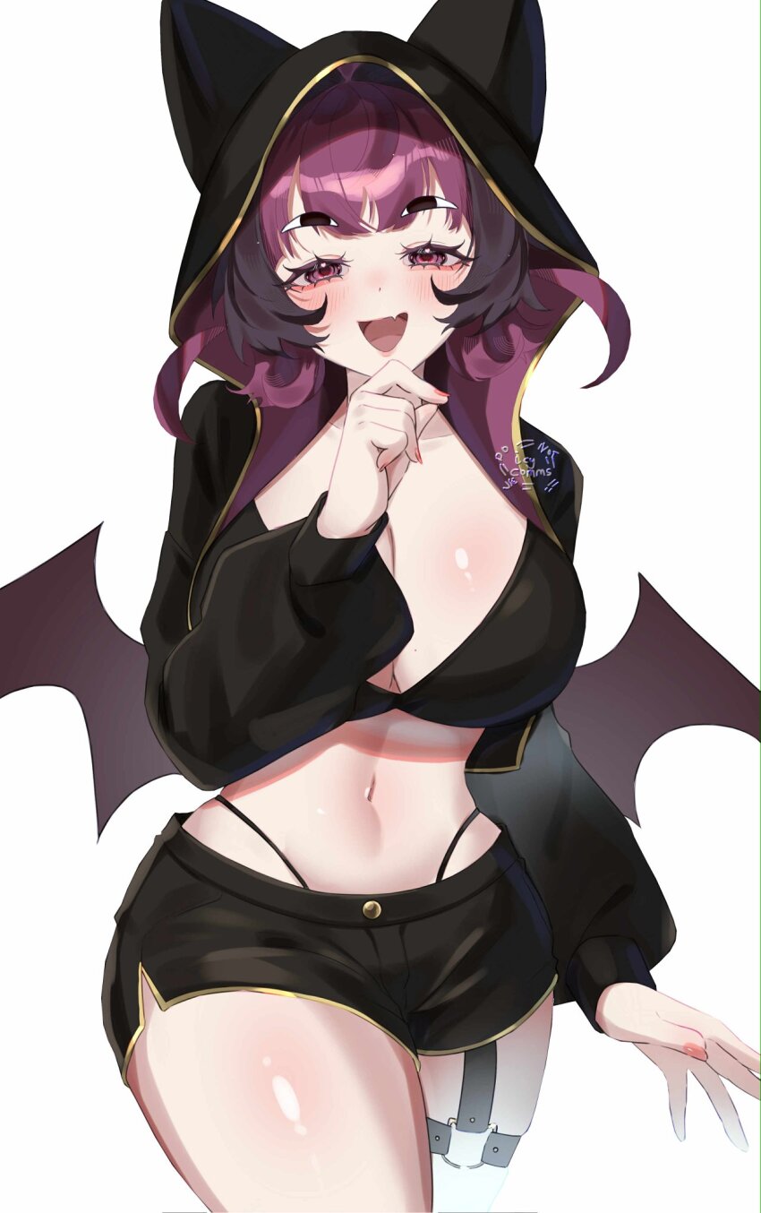 1girl, aegyo_sal, animal_ear_hood, animal_ears, bat_wings, black_bra, black_jacket, black_shorts