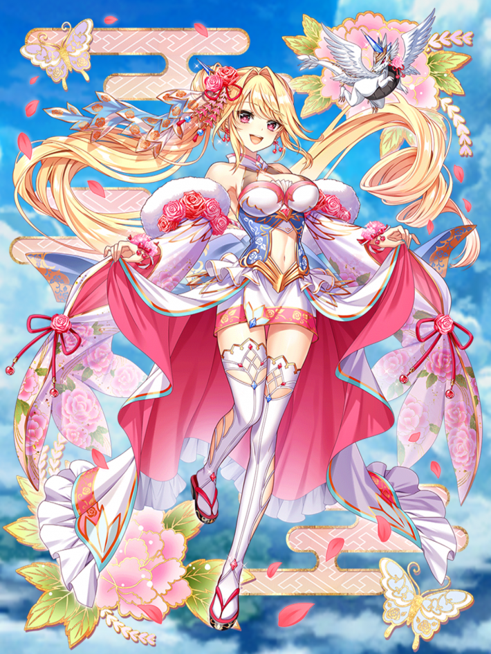 1girl, :d, baizu_(guszx), bare_shoulders, black_sandals, blonde_hair, blush, breasts