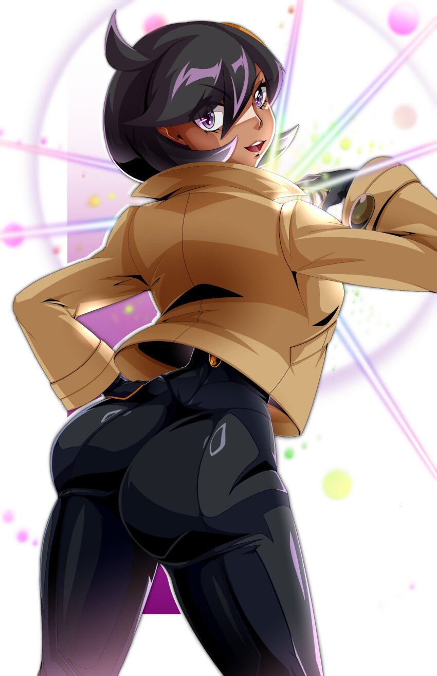 1girl, andoryu_anzuru, ass, black_hair, bodysuit, bodysuit_under_clothes, curvy, dark-skinned_female