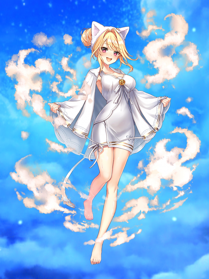 1girl, :d, animal_hat, armpits, baizu_(guszx), barefoot, blonde_hair, blush