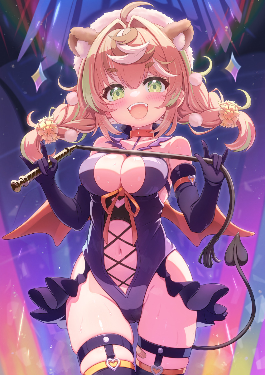 1girl, absurdres, animal_ears, breasts, chromashift, cleavage, commission, daisy_dandelion, elbow_gloves, gloves, green_eyes, highres, large_breasts, looking_at_viewer, navel, skeb_commission, solo, tail, virtual_youtuber, zusshii_(libertasgenesis)