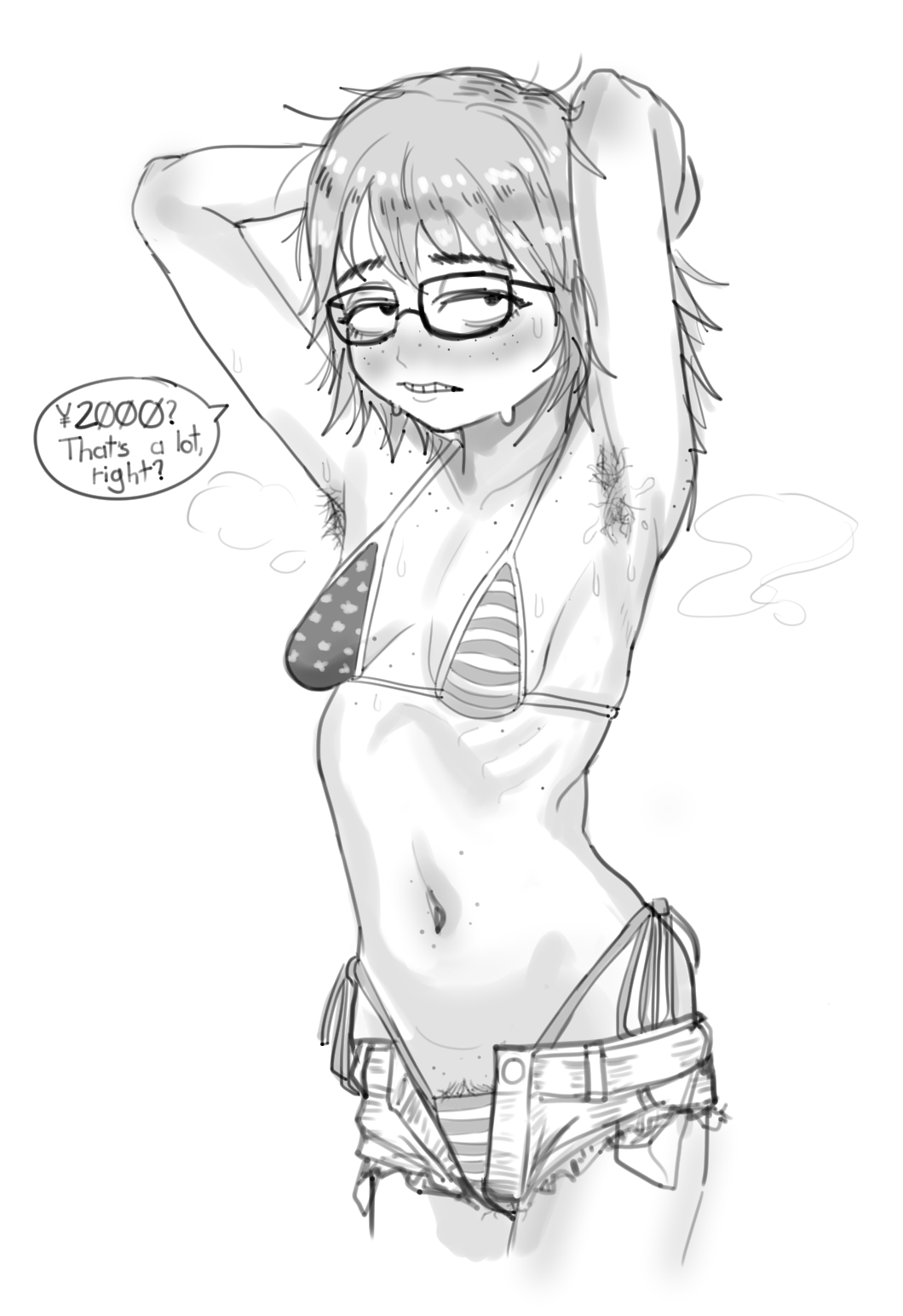 1girl, american_flag, american_flag_bikini, american_flag_print, armpit_hair, armpits, arms_behind_head, bikini, body_freckles, borrowed_character, breasts, codismal, flag_print, flag_print_bikini, freckles, glasses, highres, jimiko, navel, neet_girl_(baalbuddy), original, print_bikini, sagging_breasts, short_shorts, shorts, simple_background, skinny, small_breasts, swimsuit, teeth, thick_eyebrows, white_background