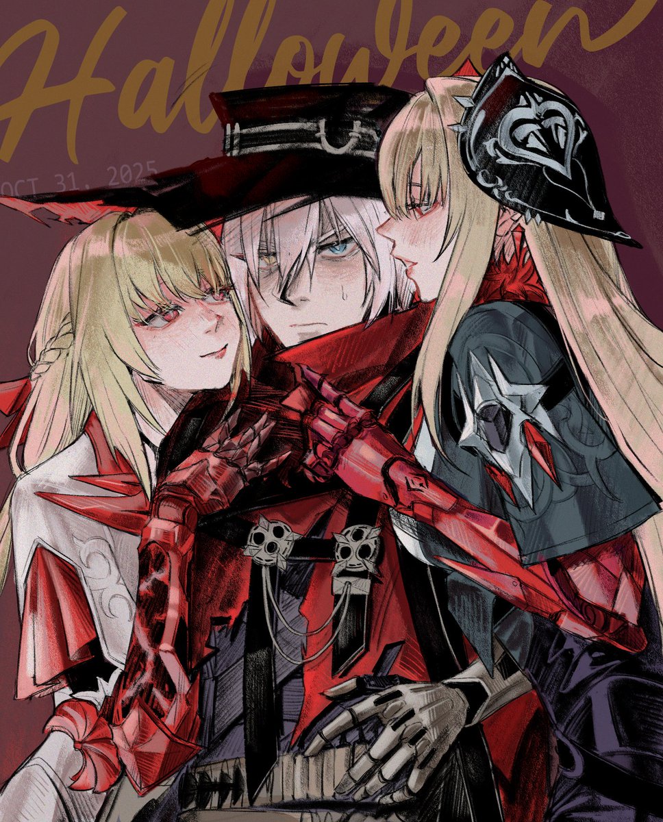 1boy, 2girls, ammunition_belt, bandana, bianca:_crepuscule_(pgr), bianca:_crepuscule_(thorns_of_crimson)_(pgr), bianca:_stigmata_(pyrewatch)_(pgr), bianca_(pgr)