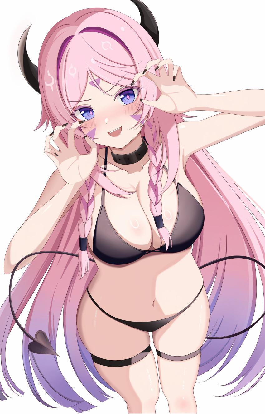 1girl, absurdres, bare_shoulders, bikini, black_bikini, black_choker, black_horns, black_nails