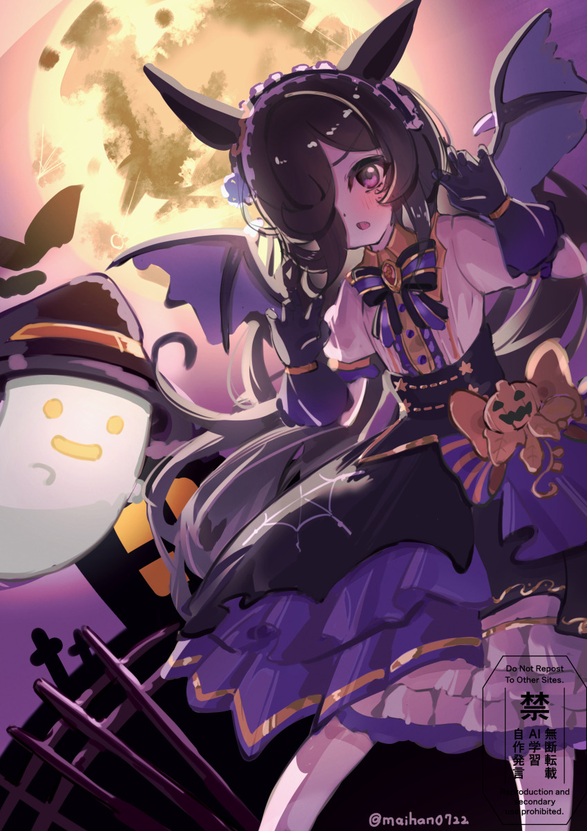 1girl, absurdres, animal_ears, bat_wings, black_gloves, blush, bow, breasts