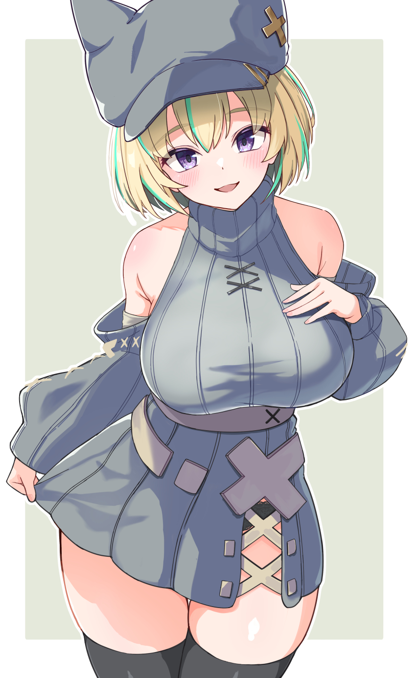 1girl, absurdres, aoi_momiji, black_thighhighs, blonde_hair, blush, border, breasts