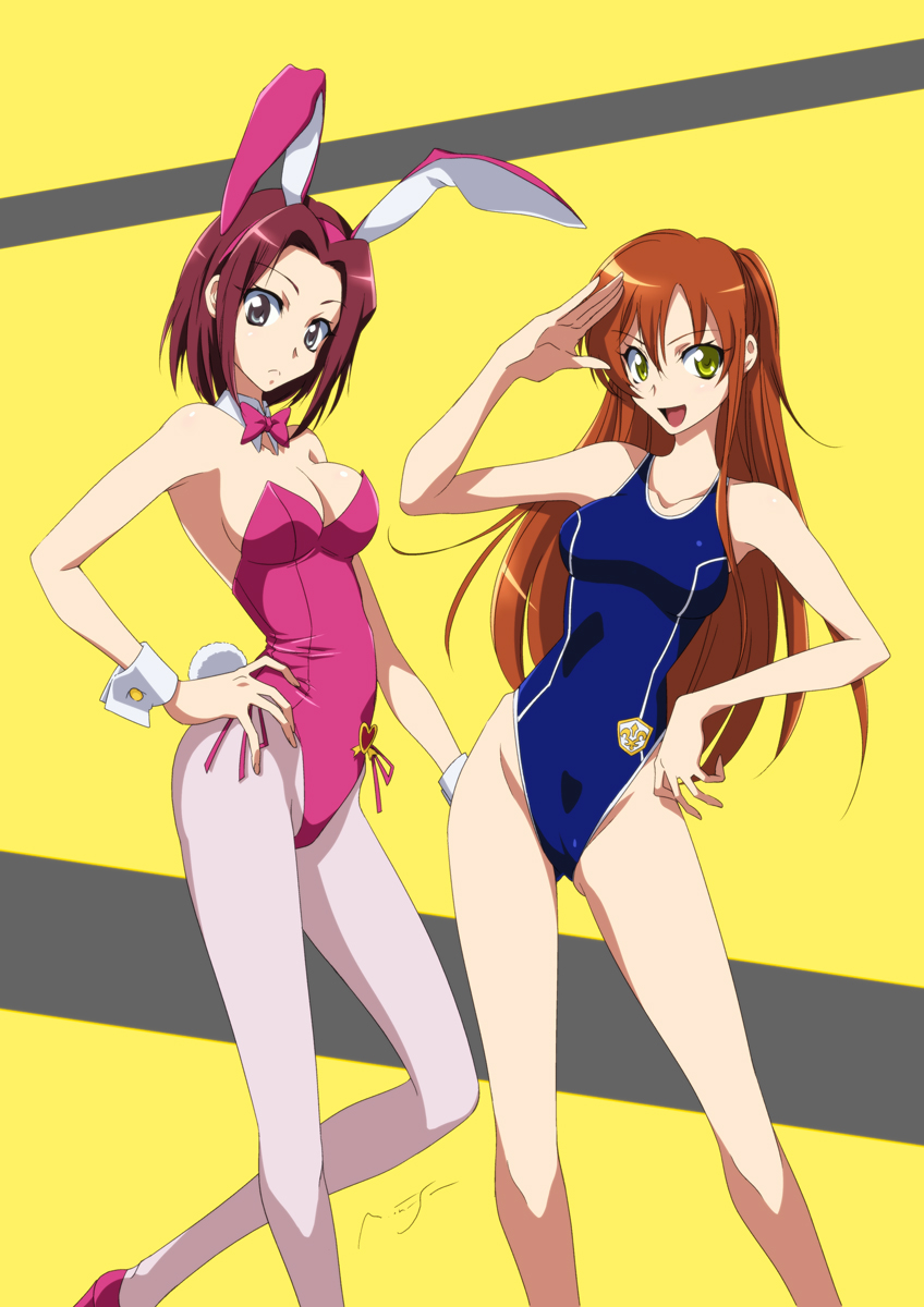 2girls, animal_ears, blue_one-piece_swimsuit, bow, bowtie, breasts, brown_hair, cameltoe, cleavage, code_geass, competition_swimsuit, detached_collar, fake_animal_ears, hand_on_own_hip, highleg, highleg_one-piece_swimsuit, highres, kouzuki_kallen, long_hair, long_legs, multiple_girls, onaya_masakazu, one-piece_swimsuit, pantyhose, pink_shoes, playboy_bunny, rabbit_ears, red_hair, salute, shirley_fenette, shoes, short_hair, swimsuit, v, white_legwear, wrist_cuffs, yellow_eyes