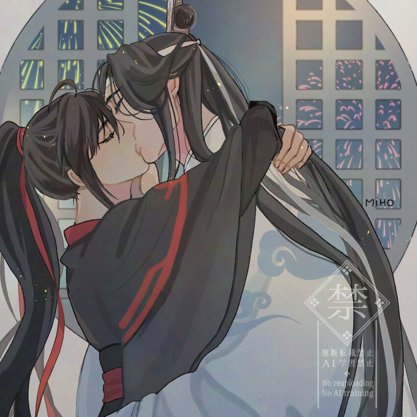 2boys, ahoge, artist_name, bishounen, black_hair, black_hanfu, chinese_clothes, closed_eyes